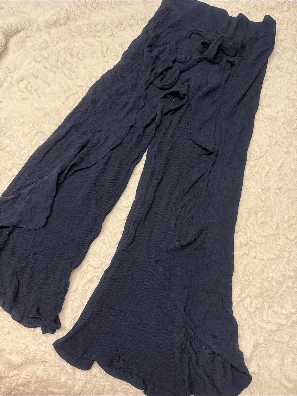 Women's Navy Blue Wide-Leg Textured Ruffle Flowy Pants